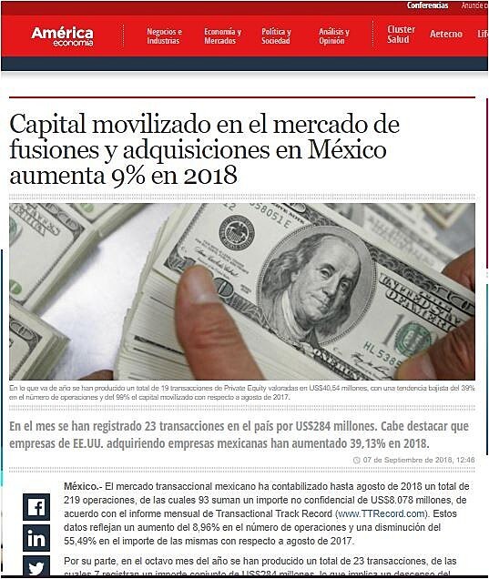 Capital movilizado en el mercado de fusiones y adquisiciones en Mxico aumenta 9% en 2018